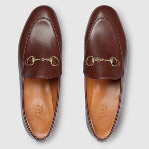 Gucci Women Jordaan Leather Horsebit Brown Loafers New